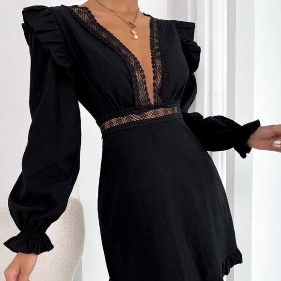 Black Plunging Neckline Lace Ruffle Sleeve Mini Dress - Picture 6 of 13